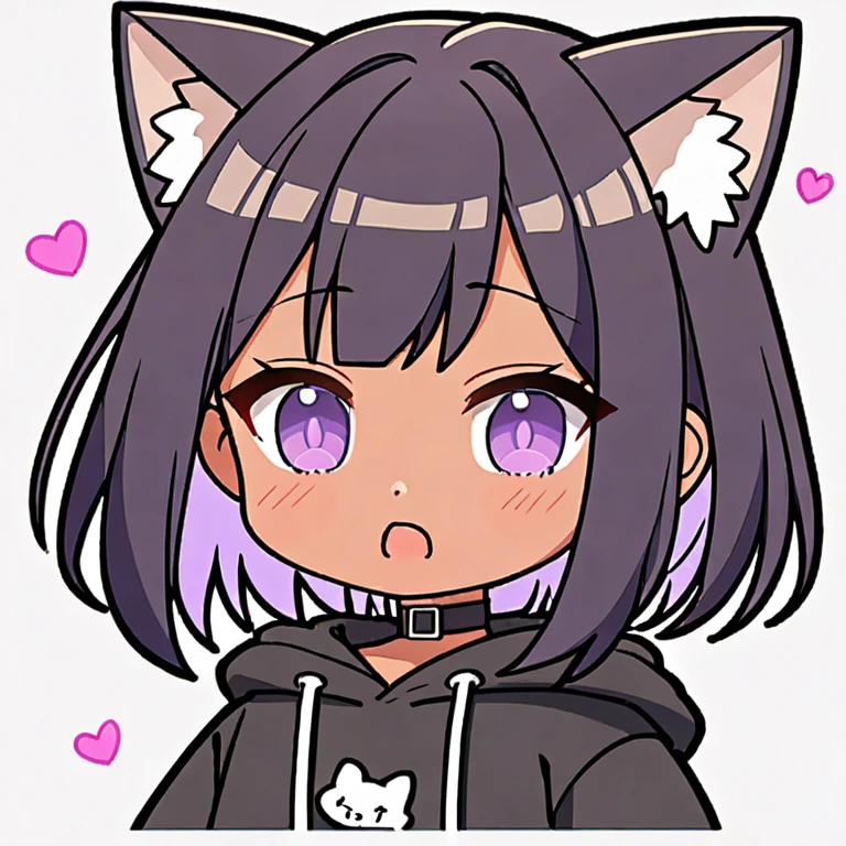 (flat cell shaded:1.1), girl, chibi, , short black hair, purple eyes, cat ears, choker, black oversized hoodie, tan skin, simple background, portrait, (sticker:0.75), kawaii blush ,white ear fluff