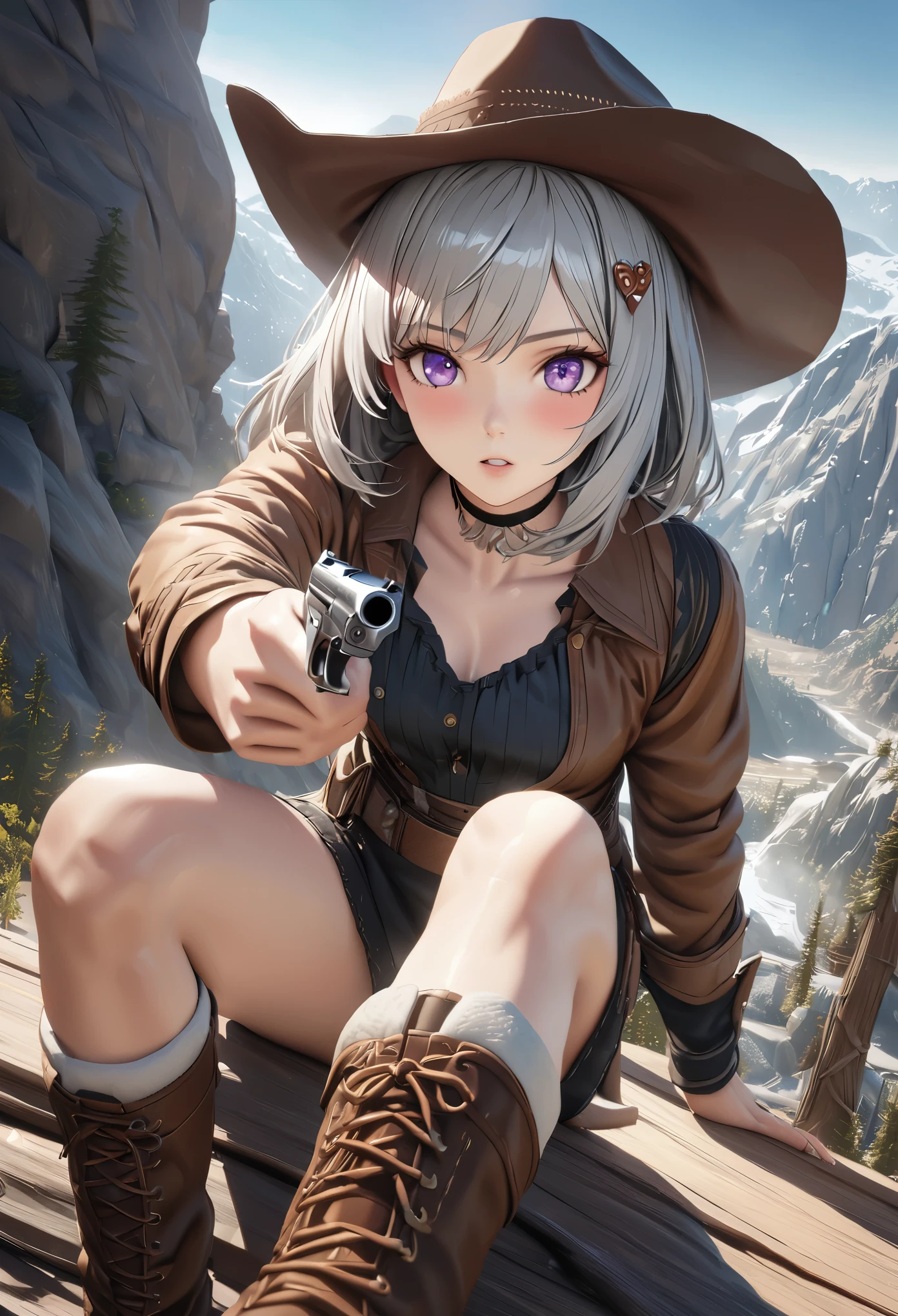 masterpiece,highest quality, Super detailed, High resolution, expensive resolution, HDR, 4k, 8K, unity 8k wallpaper, Super detailed CG, masterpiece, realistic, 2D, 3D, beautiful details, depth, fine texture , super fine: 1.3, Fully focused, Crispy.skin, .he, Very cute anime girl 、Desolate wilderness、cowboy styleの衣装、cowboy hat、cowboy boots、hand gun、mexican wilderness、duel、hand gunを持って立っている、long silver hair wearing expensive , one girl、alone, long silver hair, cowboy style、cowboy hat、hand gun、duel、cowboy bootole under the eye, looking at the viewer , expensive , blush, mole, parted lips, hair ornaments, heart, purple eyes, choker