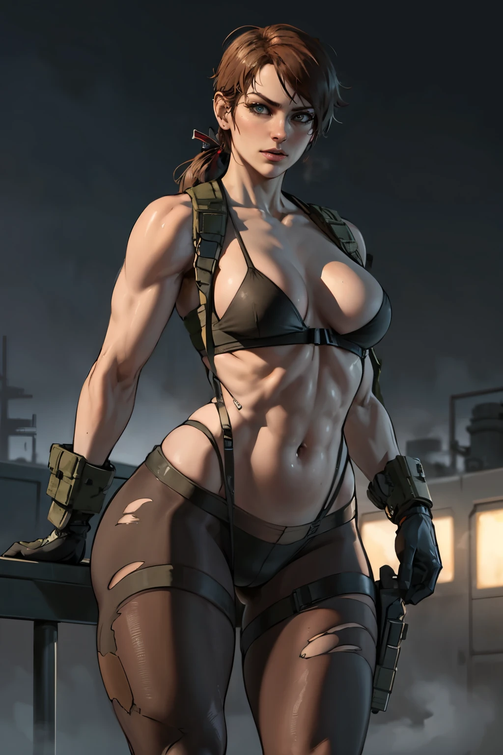 digital art, MGS V Quiet, masterpiece, best quality, sexy pose, (ripped pantyhose), at night military base