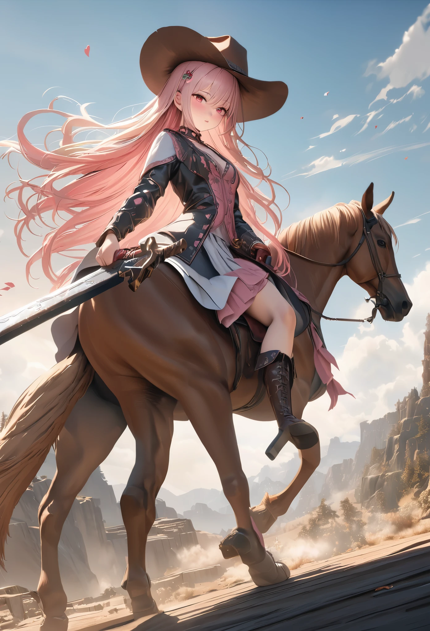 masterpiece,highest quality, Super detailed, High resolution, expensive resolution, HDR, 4k, 8K, unity 8k wallpaper, Super detailed CG, masterpiece, realistic, 2D, 3D, beautiful details, depth, fine texture , super fine: 1.3, Fully focused, Crispy.skin, .he, Very cute anime girl 、cowboy styleの衣装、cowboy hat、cowboy boots テキカン 荒野、duel、long sword、Pink semi-long hair wearing expensive , one girl、alone, Pink semi-long hair, cowboy style、cowboy hat、long sword、duel、cowboy bootole under the eye, looking at the viewer , expensive , blush, mole, parted lips, hair ornaments, heart, pink eyes, choker