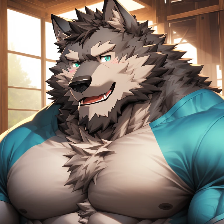 Big Muscle furry white wolf no clothes, mischievous smile   , Wet body,Lie on him back with him arms resting on him head.  