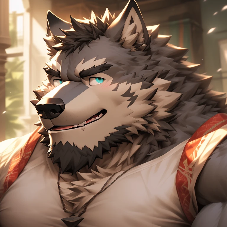 (solo, male:1.1, canine, wolf:1.1, werewolf, muscular, large muscles, large pectorals, mature male, older, facial hair, beard, happy, sweet, tender expression, grey fur, teal eyes:1.1, body hair, full-body:1.1, by doooo2424), (best quality:1.2, 4k, 8k, highres, masterpiece:1.2), ultra-detailed, (realistic:1.37, photorealistic:1.37), HDR, UHD, studio lighting, ultra-fine painting, sharp focus, physically-based rendering, extreme detail description, professional, vivid colors, wolf-human hybrid, strength, power