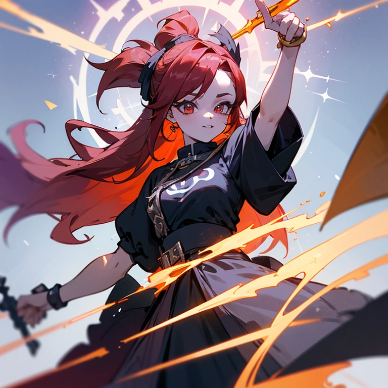 Chica de pelo rojo, con orejas y colas de zorro, con magia de luz y oscuridad, que tenga ropa elegante, con apariencia de la realeza