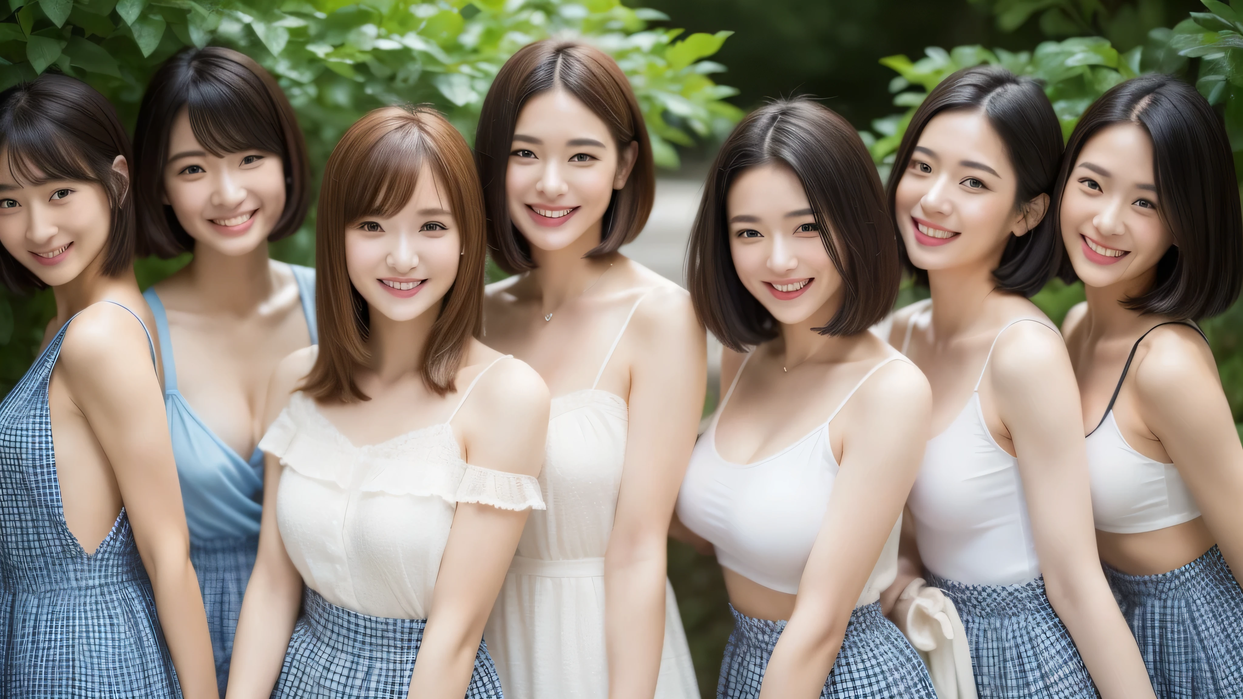 ((top-quality、16 k、masterpiece:1.3))、3 girls、Beautiful woman with slender abs:1.3、(Medium short hair、big breasts:1.2)、hyperdetailed face、A detailed eye、double eyelid、skin、、Super Super Mini Skirt、Poses、、Camisole、Opening legs、Open your crotch、Real Skin、A slight smil、A smile、koi、I love you