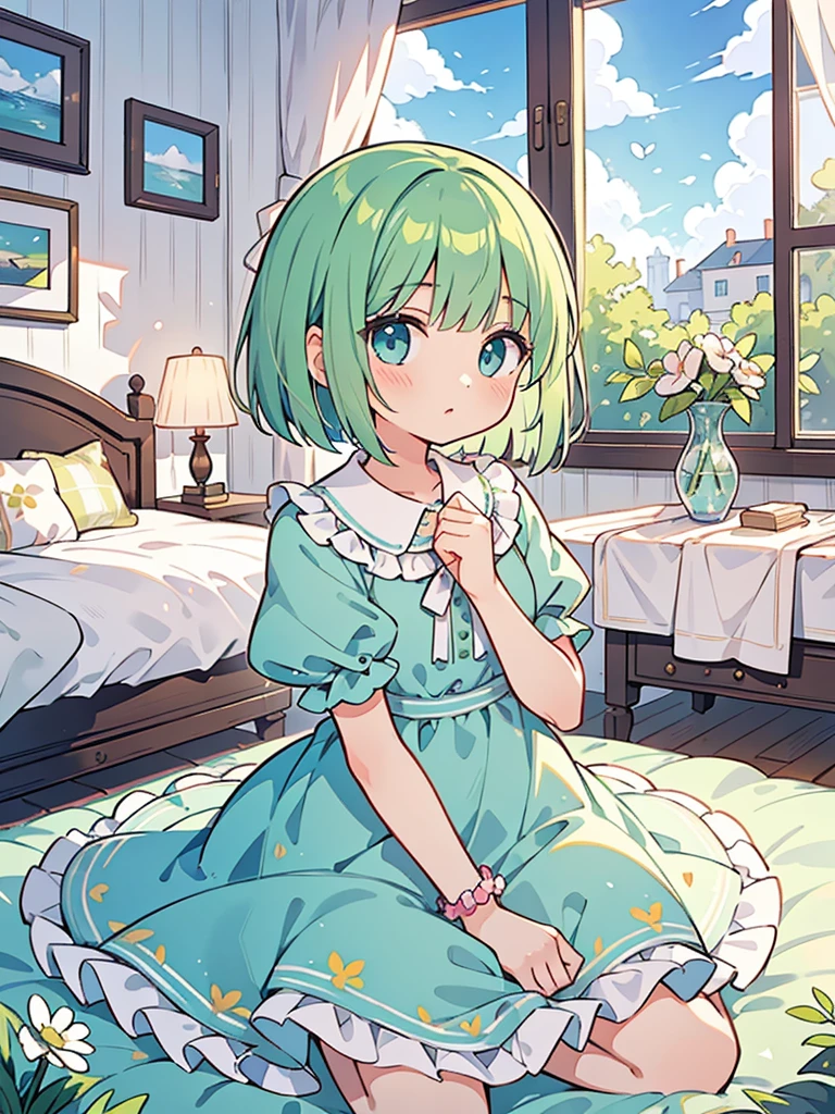masterpiece, beautiful illustrations, highest quality, pretty girl, 1girl, Bedroom, pastel colour, Ruffle dress, (Spring Green bob cut), bright lighting, sky-blue eyes