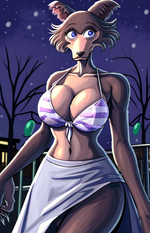 Beastars art style, beastars, Juno, brown wolf, she Wolf, 1girl, furry, long curly brown fur, slim figure, blue eyes, wide hips, Big breasts, White skirt, purple bikini top, cleavage, night time, Mardi Gras