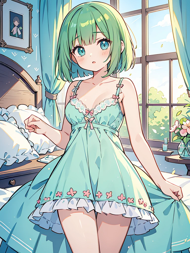 masterpiece, beautiful illustrations, highest quality, pretty girl, 1girl, Bedroom, pastel colour, (two-separated lingerie), cute lingerie, (Spring Green bob cut), bright lighting, sky-blue eyes