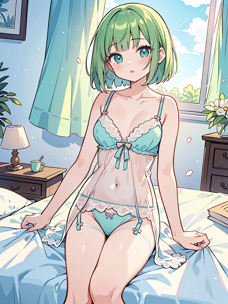 masterpiece, beautiful illustrations, highest quality, pretty girl, 1girl, Bedroom, pastel colour, (two-separated lingerie), cute lingerie, (Spring Green bob cut), bright lighting, sky-blue eyes