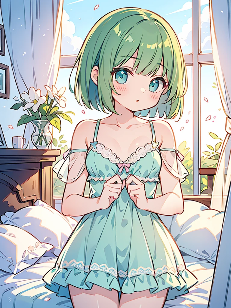 masterpiece, beautiful illustrations, highest quality, pretty girl, 1girl, Bedroom, pastel colour, (two-separated lingerie), cute lingerie, (Spring Green bob cut), bright lighting, sky-blue eyes