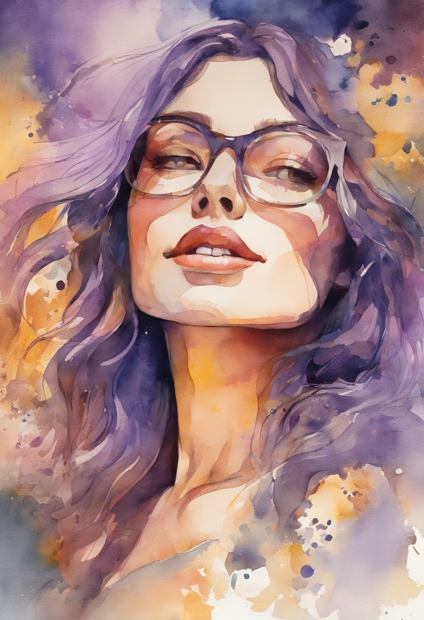 Partial front view of the scene; details in 8k; precision in details; Pablo Picasso style drawing. Wood splash; high color contrast; Abstract artistic drawing textured background of a brunette woman with long, wavy hair wearing square glasses, woman smiling with red lipstick, face more toned and rounded and with slight dimples near the mouth, wearing a black coat with a yellow t-shirt underneath looking at the right, lilac white colors in the environment, illustration, watercolor illustration, professional illustrator, best watercolor, ink and watercolor paintings, alcohol ink, vibrant colors, perspective view, centered, perspective lines,