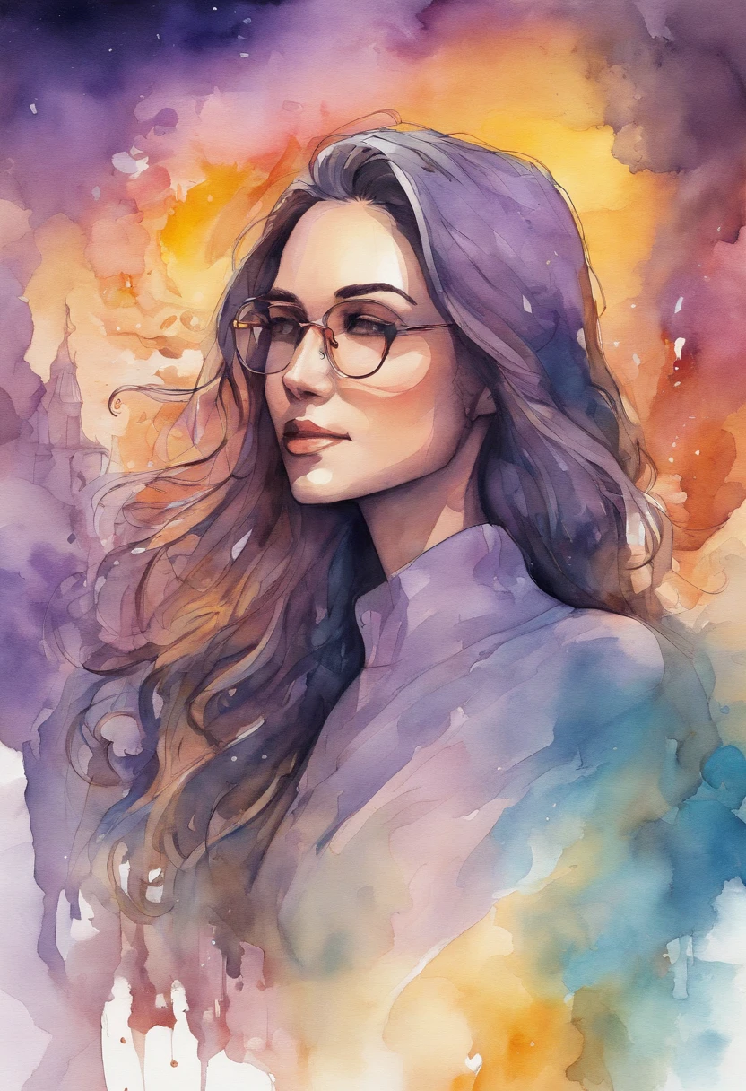 Partial front view of the scene; details in 8k; precision in details; Pablo Picasso style drawing. Wood splash; high color contrast; Abstract artistic drawing textured background of a brunette woman with long, wavy hair wearing square glasses, woman smiling with red lipstick, face more toned and rounded and with slight dimples near the mouth, wearing a black coat with a yellow t-shirt underneath looking at the right, lilac white colors in the environment, illustration, watercolor illustration, professional illustrator, best watercolor, ink and watercolor paintings, alcohol ink, vibrant colors, perspective view, centered, perspective lines,