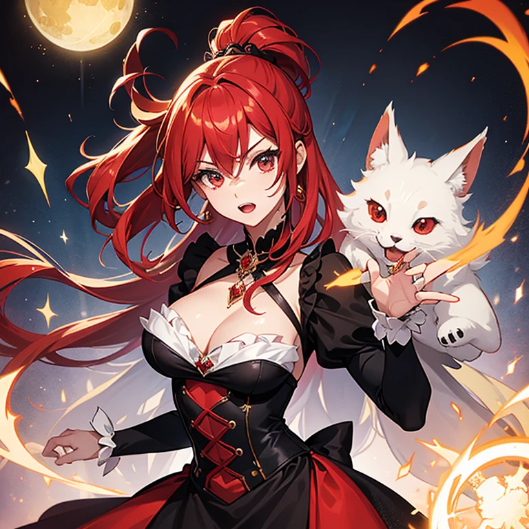 Chica de pelo rojo, con orejas y colas de zorro, con magia de luz y oscuridad, que tenga ropa elegante, con apariencia de la realeza inglesa