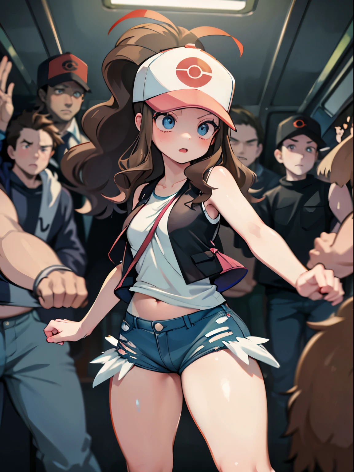 High quality, Masterpiece, Best quality, Hilda \(pokemon\), def1, body shape, thick thighs, a girl being touched by multiple men without her consent inside a subway car,illustration,harsh and disturbing atmosphere,[dark shadows,dark and crowded subway car,panic,struggle],(best quality,highres),vivid colors,warm tones,dimmed lighting