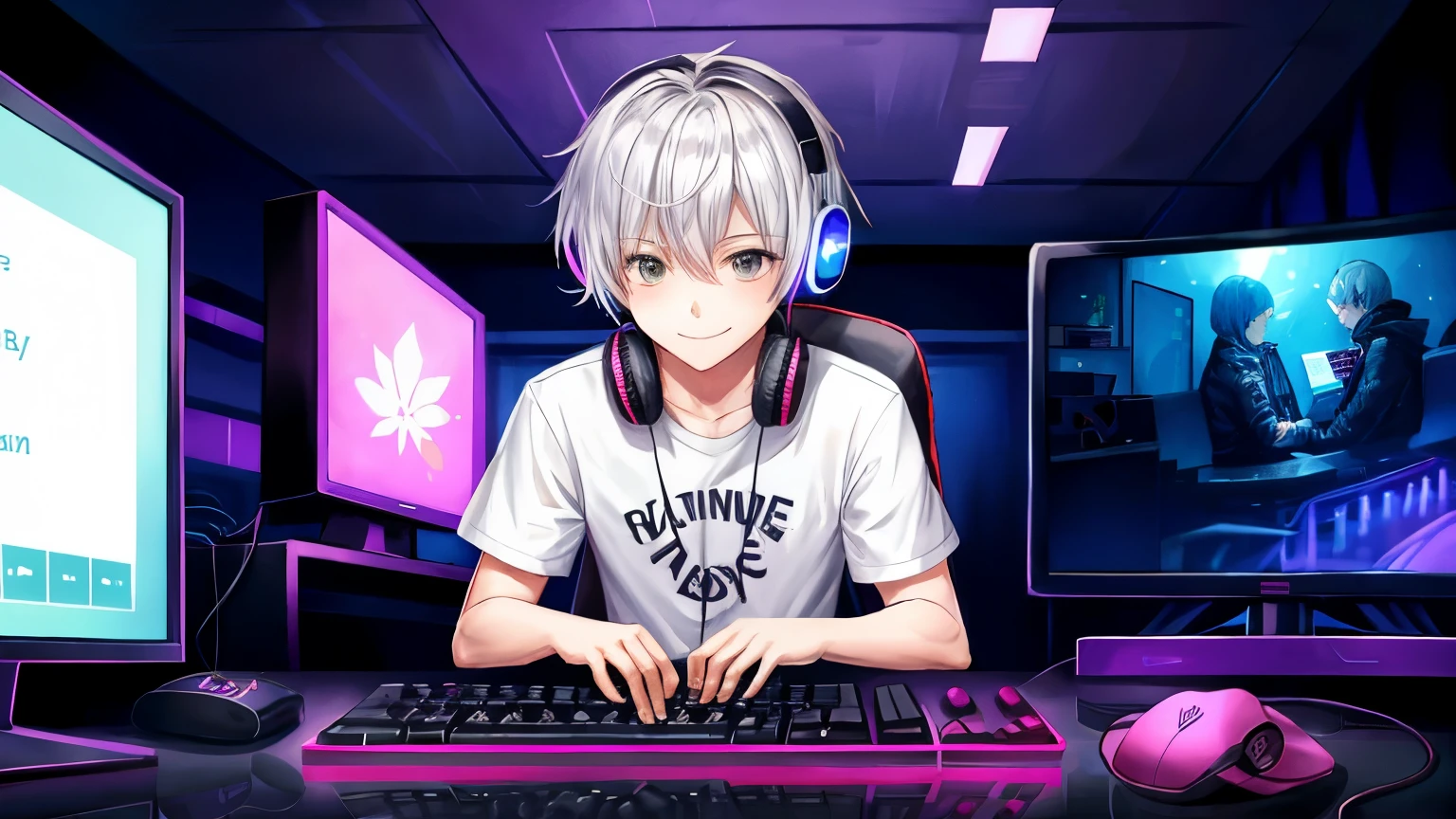 playing a game、young boy、gaming computer、2Monitors、dark room、wearing headphones、gray hair、A sly smile、night room、gaming keyboard、Gaming Mouse、gaming pc、facing this way、white hair、silver hair、暗いnight room、Rainbow LED keyboard、Colorful LED keyboard、Colorful LED Mouse