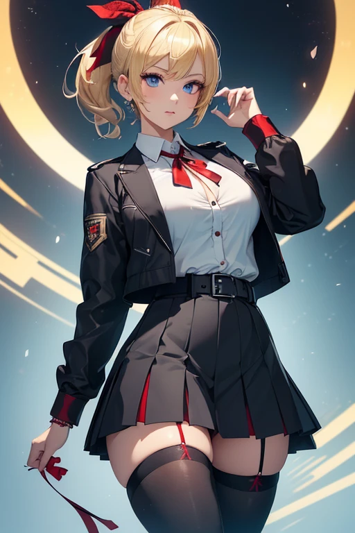 ((masterpiece)), (best quality:1.7), (detailed:1.4), (high res:1.4), 8k, (colorful:1.5), high resolution, sharped image, 4k, hd, (beautiful detailed background:1.2), (beautiful lighting:1.2), (highly detailed:1.2), perfect lighting, (8k wallpaper:1.2), (highly detailed:1.2), (extremely detailed CG:1.2), ((((only blonde short hair ponytail with a red ribbon)))), (((large chest))), (((busty))), curvy figure, (((light blue eyes))), (school girl outfit), (black jacket and tight unbuttoned white shirt and short flowing black pleated skirt with belt and tight black stocking leggings, red lace bra showing under shirt), mature, older, human adult, short, full body