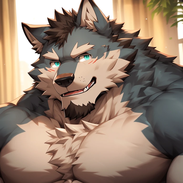 (solo, male:1.1, canine, wolf:1.1, werewolf, muscular, large muscles, large pectorals, mature male, older, facial hair, beard, happy, sweet, tender expression, grey fur, teal eyes:1.1, body hair, full-body:1.1, by doooo2424, by doooo, by Kusunagi), (best quality:1.2, 4k, 8k, highres, masterpiece:1.2), ultra-detailed, (realistic:1.37, photorealistic:1.37), HDR, UHD, studio lighting, ultra-fine painting, sharp focus, physically-based rendering, extreme detail description, professional, vivid colors, wolf-human hybrid, strength, power