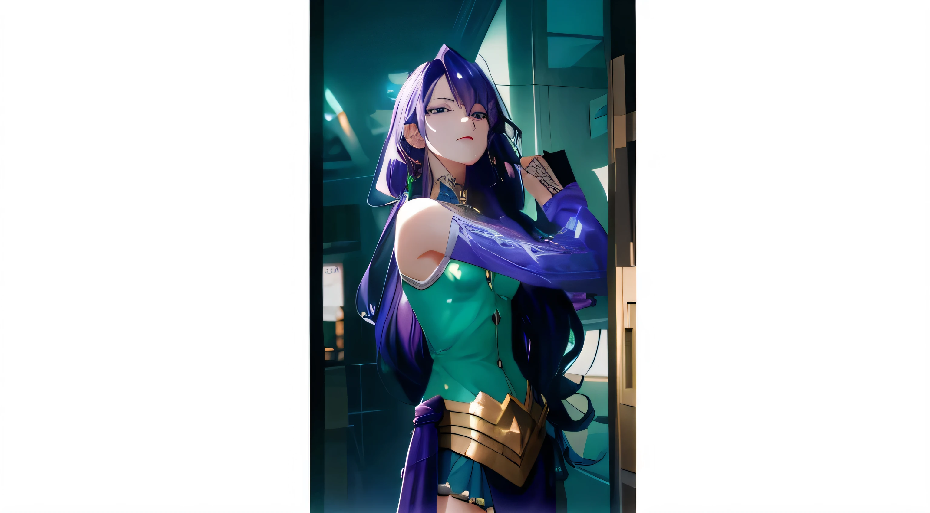 despise, keep an eye on, green crystal in the chest,super girl,(mantle),(tight skirt),huge chest,wavy hair,Purple Hair,woman, perfect anatomy,golden ratio illustration,woman, beautiful anime style,flat color, wide angle, clean detailed faces, intracate clothing, analogous colors, glowing shadows, beautiful gradient, depth of field, clean image, high quality, high detail, high definition, Luminous Studio graphics engine, slim waist, nice hips,