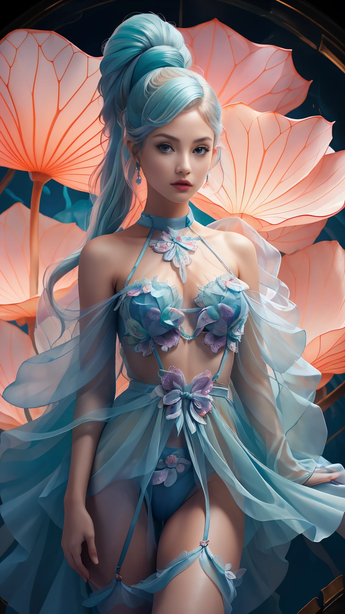 score_9, score_8_up, score_7_up, score_6_up, rating_explicit, 1girl, ((18YO:1.2)), Adult, full lips, big clear eyes, light blue eyes, ((blond hair:1)), (long wavy hair: 1.2),(La mejor calidad,A high resolution,Ultra - detallado,actual),Ariana Grande cubierta de flores, Al estilo del rastreo vray., escenas de nieve, fluid, esculturas de vidrio, macro de zoom, Contemporary Chinese Art, realista, retratos emotivos, gotas de agua, More detailed 8K.motor irreal:1.4,High Definition,La mejor calidad:1.4, fotorrealista:1.4, textura de la piel:1.4, obra maestra:1.8,obra maestra, mejor calidad,objeto Objeto], (rasgos faciales detallados:1.3),(Las proporciones correctas),(Ojos hermosos azules:1.4 ),  (pose vaquero), (mostrando  lingerie:1.4),(manos perfectas: 1.5) , (colores brillantes),( perfect anatomy),( cara detallada),( wild carnivorous blue flowers :1.4), (bragas lenceria rosa:1.4), (estilo encaje lingerie:1.4) 
 