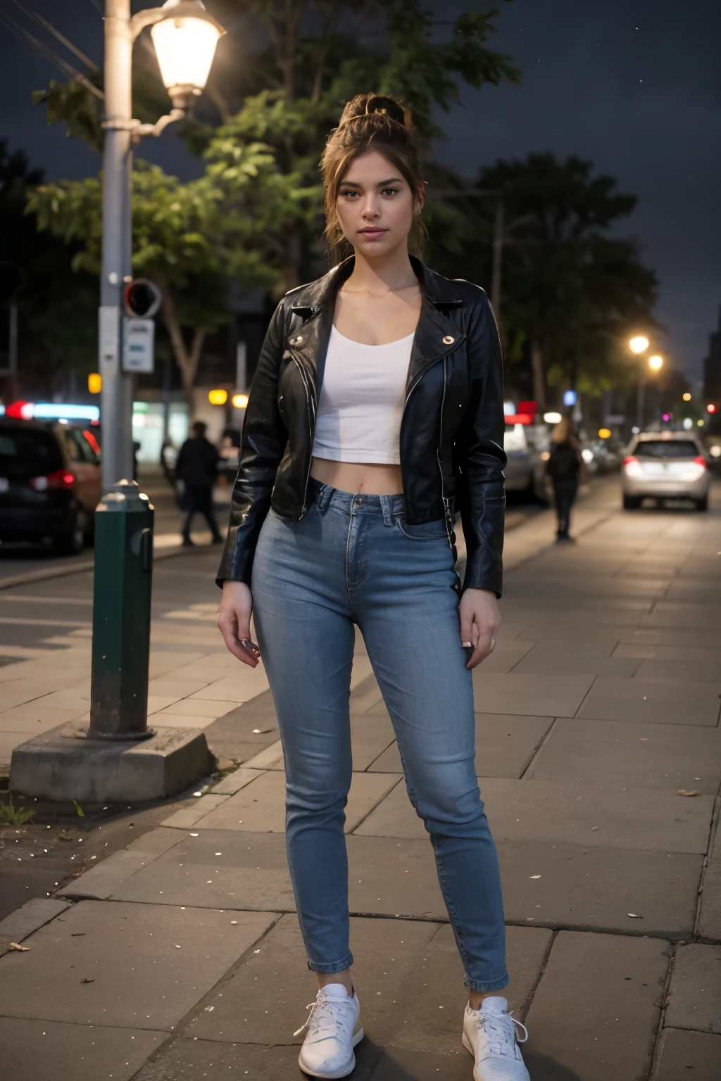 ((Mejor calidad)), ((obra maestra)), (detallado), cara perfecta, ssexy woman, dressed in tight denim jeans, wearing a leather jacket, at night, lights, hair up and white sneakers. standing in a park in the city of Cusco, you can't see her hands, it's night, she hides her hands, real, realistic, great detail