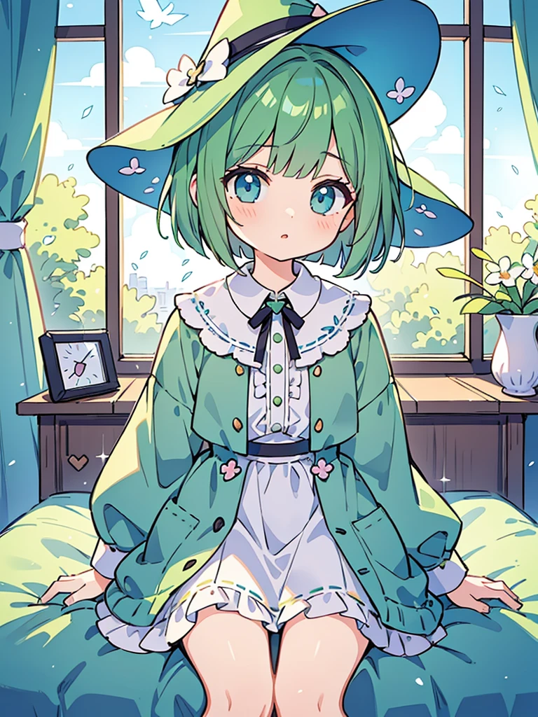masterpiece, beautiful illustrations, highest quality, pretty girl, 1girl, Bedroom, pastel colour, Witch's outfit, (Spring Green bob cut), bright lighting, sky-blue eyes