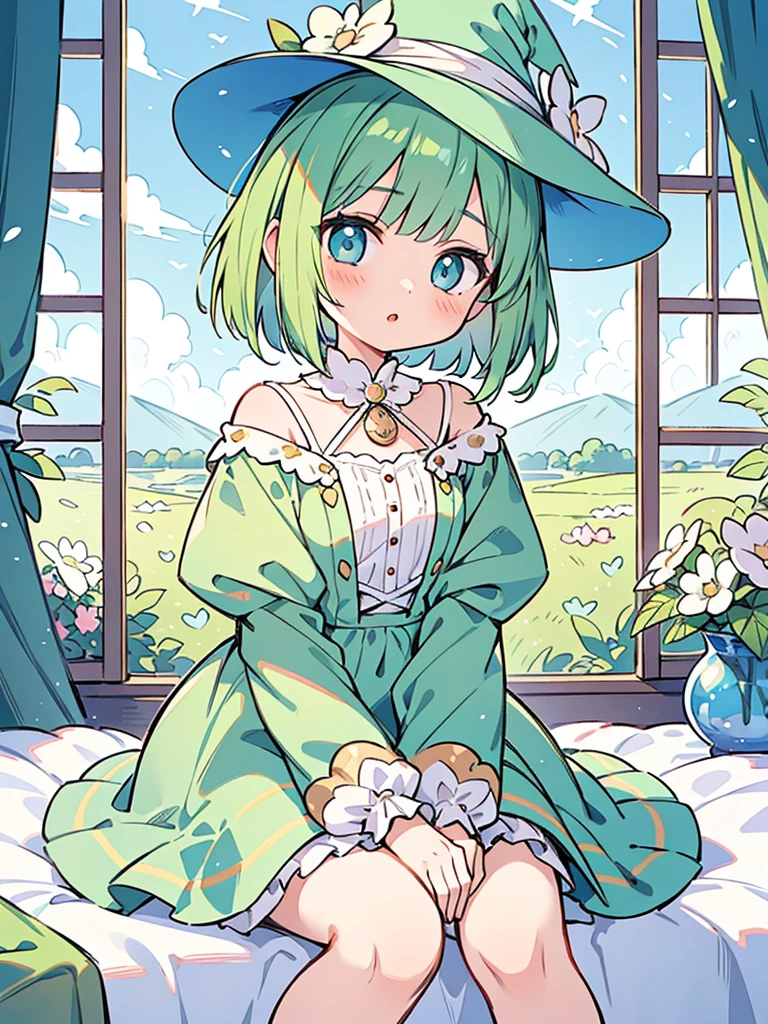 masterpiece, beautiful illustrations, highest quality, pretty girl, 1girl, Bedroom, pastel colour, Witch's outfit, (Spring Green bob cut), bright lighting, sky-blue eyes