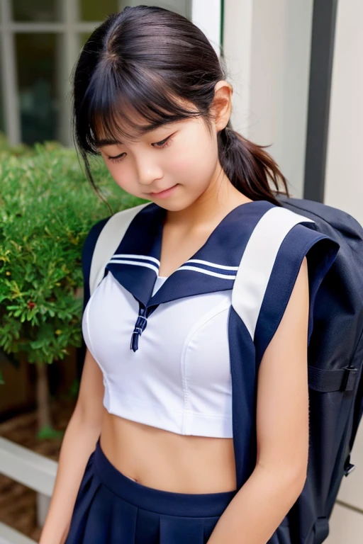 beautiful japanese girl　ＪＣ　younger sister　Shyness　Glossy black ponytail　white skin　My bra is getting too tight　full body image　A simple navy blue sailor suit　Honors Type　After coming home from school, she changes clothes with a tired face and takes off her clothes one by one until she is naked.　