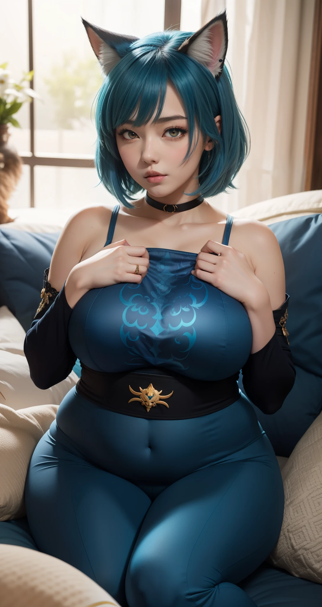 anime girl with blue hair and a cat tail sitting on a pillow, thicc, fox nobushi, sfw version, anatomically correct vulpine, fullbody commission for, ahri, she has a jiggly fat round belly, commission for high res, breasts covered and sfw, , blue scales covering her chest, sie boob