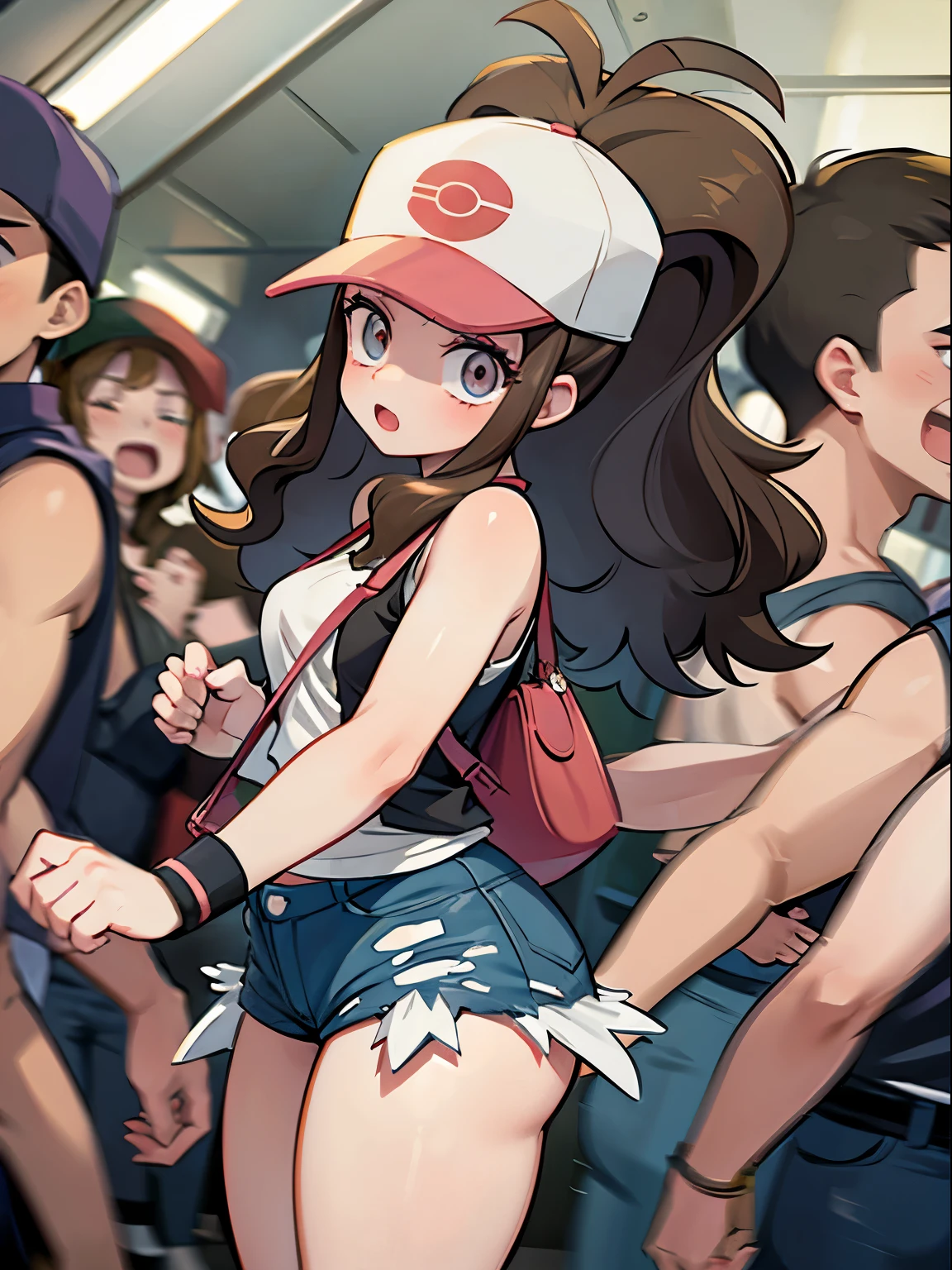 High quality, Masterpiece, Best quality, Hilda \(pokemon\), def1, body shape, thick thighs, a girl being touched by multiple men without her consent inside a subway car,illustration,harsh and disturbing atmosphere,[dark shadows,dark and crowded subway car,panic,struggle],(best quality,highres),vivid colors,warm tones,dimmed lighting, back shot, from bihind,