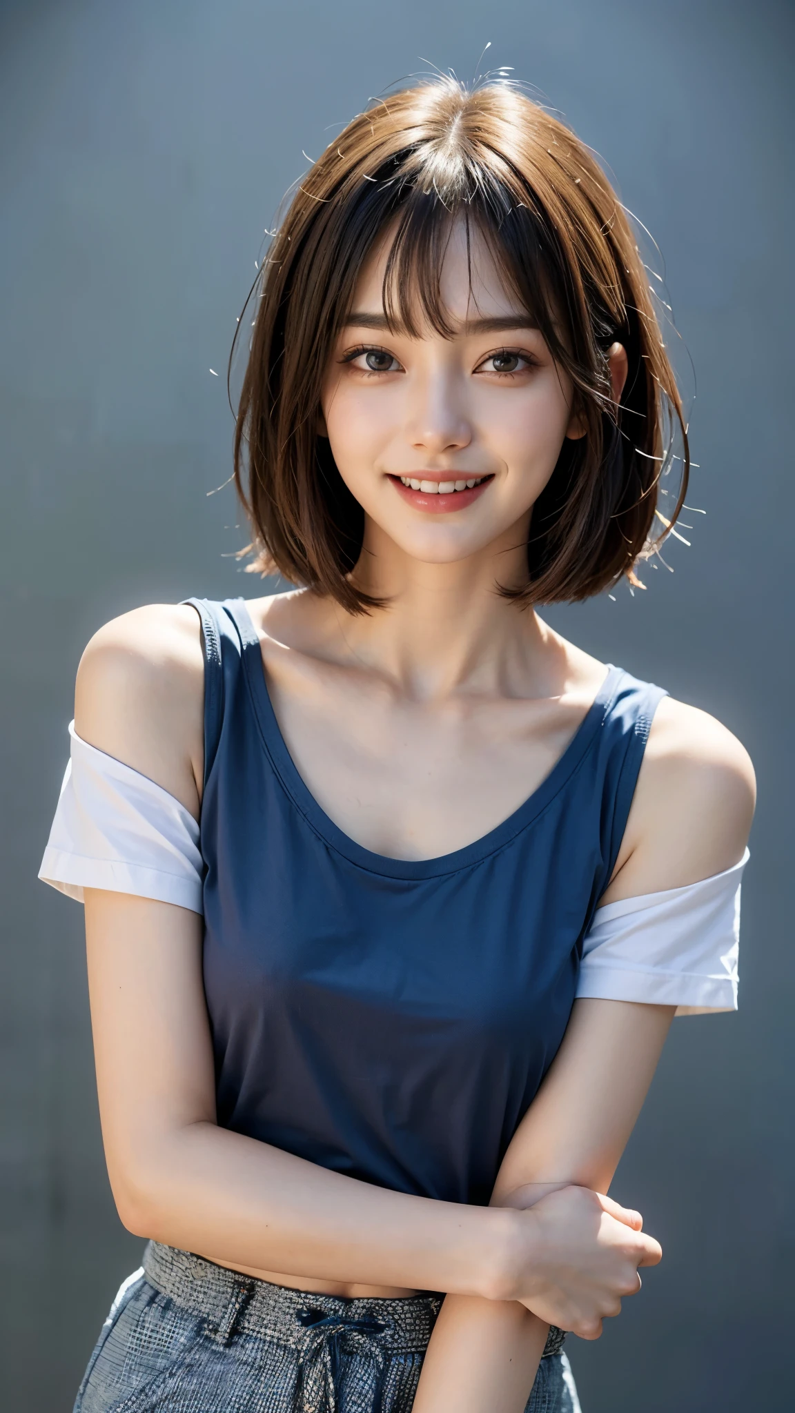 highest quality, masterpiece, ultra high resolution, (realistic:1.4), 20-year-old,1 girl,super high quality,8K,thinウエスト,thin脚,thin and beautiful arms,beautiful fingers,((Super realistic image quality)),sale eye makeup,thin,Medium chest,soft chest,(((生地thin短いタイトなＴshirt and pants only))),The shirt is short、 ,,beautiful breasts,((straight hair to shoulders)),((Bangs short hair)),realistic,picture media chest)),((toothy smile)),((big smile))