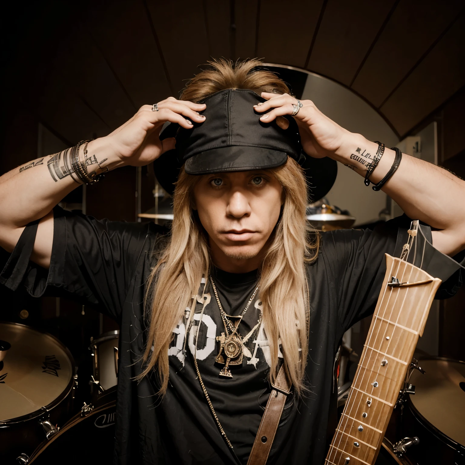 crie me uma imagem: Steven adler (baterista do Guns n roses) ao lado de uma de cabelos pretos com franja usando um vestido preto