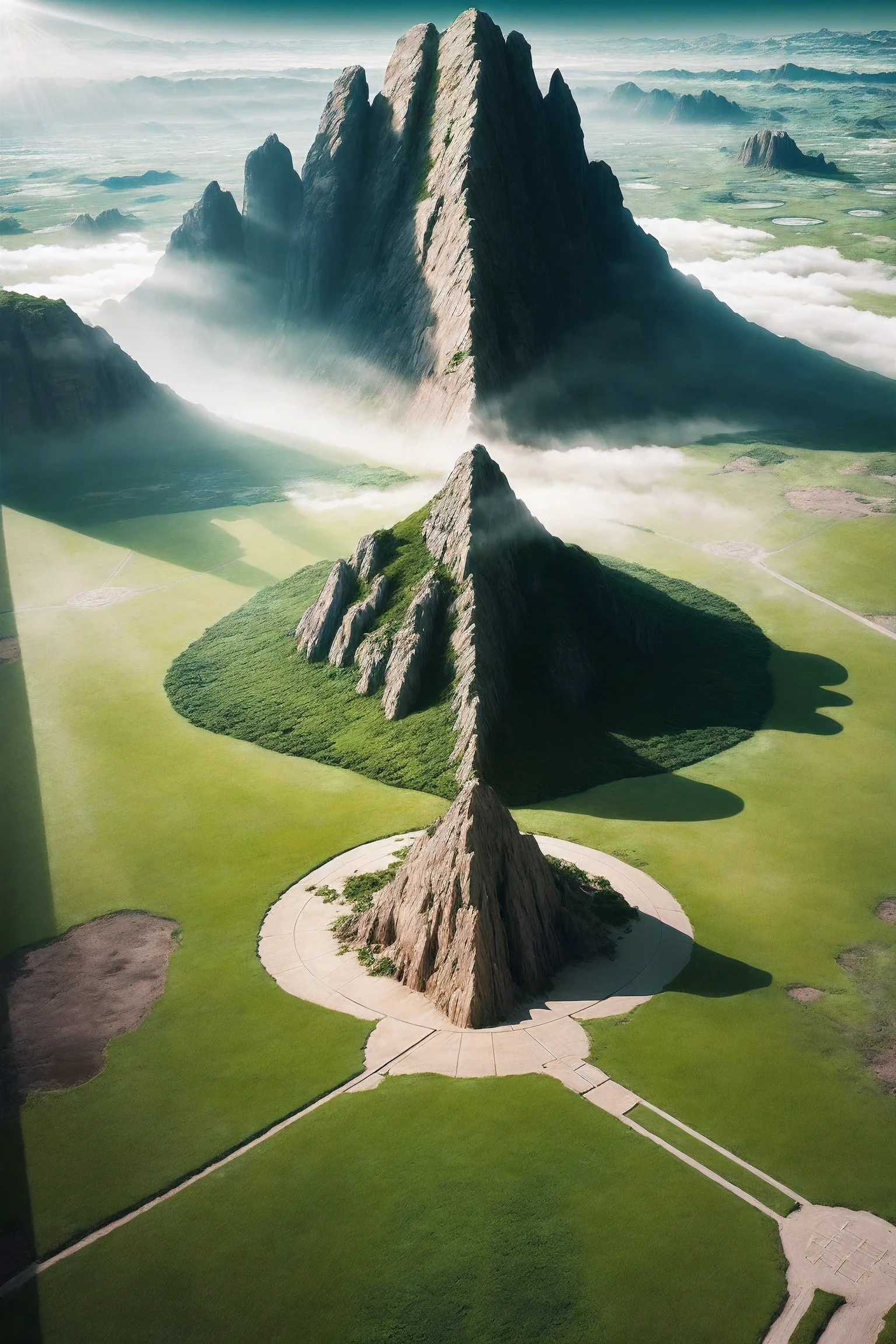 ((Aerial View)), epic Geoglyph on ground pattern, Giant Geometric Shape on ground , epic landscape, ((mythical sunlight)),,(mythical atmosphere),light is penetrating through clouds, magnificent clouds, green theme, epic field, in another planet