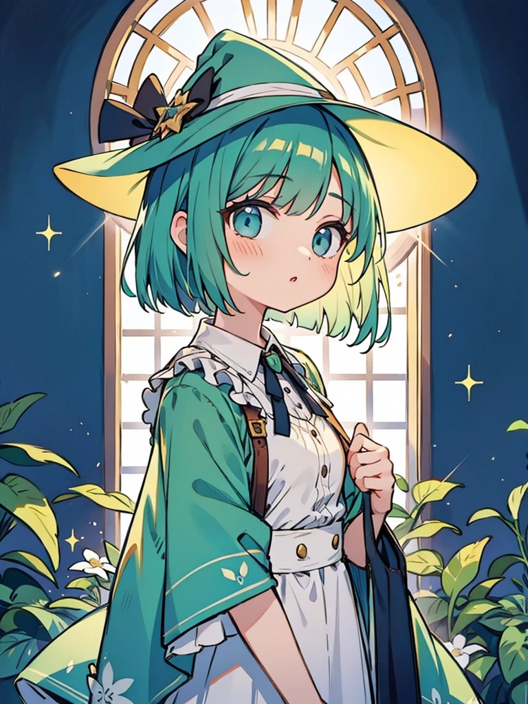 masterpiece, beautiful illustrations, highest quality, pretty girl, 1girl, Bedroom, pastel colour, Witch's outfit, (Spring Green bob cut), bright lighting, sky-blue eyes