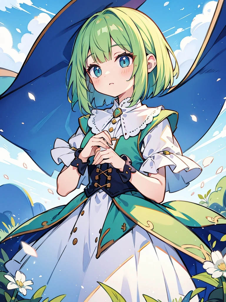 masterpiece, beautiful illustrations, highest quality, pretty girl, 1girl, Bedroom, pastel colour, Witch's outfit, (Spring Green bob cut), bright lighting, sky-blue eyes