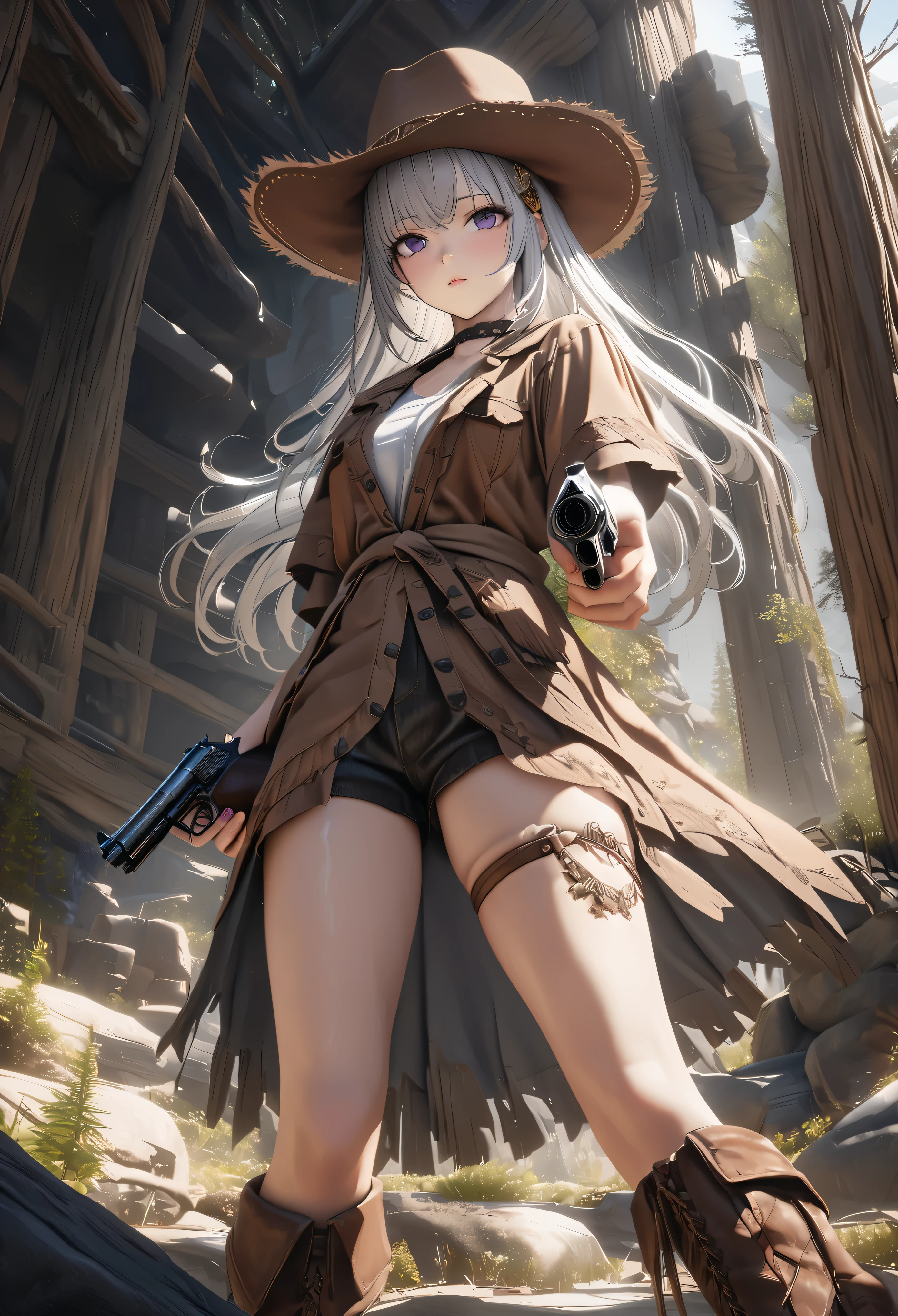 masterpiece,highest quality, Super detailed, High resolution, expensive resolution, HDR, 4k, 8K, unity 8k wallpaper, Super detailed CG, masterpiece, realistic, 2D, 3D, beautiful details, depth, fine texture , super fine: 1.3, Fully focused, Crispy.skin, .he, Very cute anime girl 、Desolate wilderness、cowboy style costume、cowboy hat、cowboy boots、hand gun、mexican wilderness、duel、Standing with a hand gun、long silver hair wearing expensive , one girl、alone, long silver hair, cowboy style、cowboy hat、hand gun、duel、cowboy bootole under the eye, looking at the viewer , expensive , blush, mole, parted lips, hair ornaments, heart, purple eyes, choker