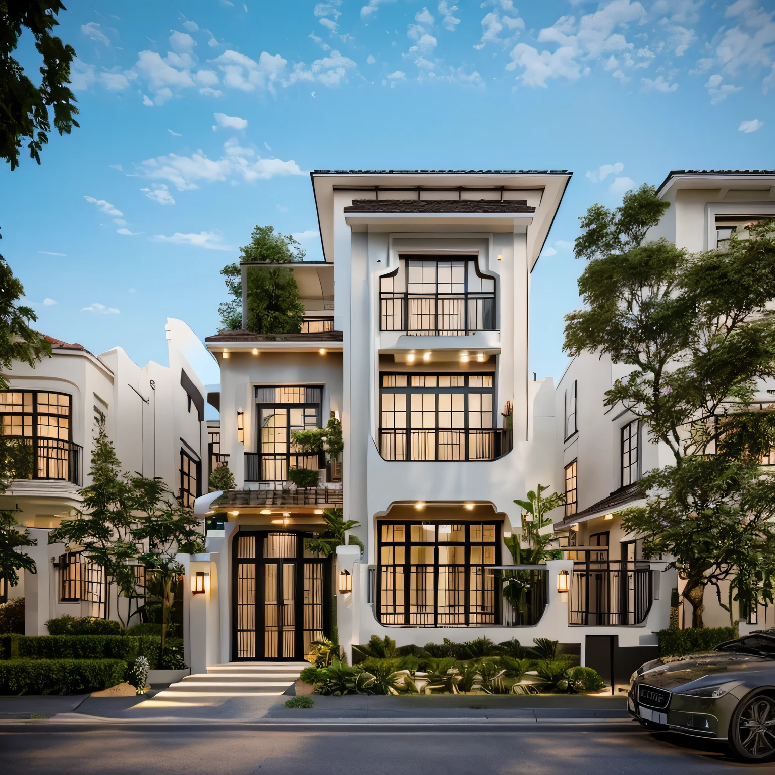 (Townhouse in city ,close houses and trees), (indochine style architecture) daylight ( best quality) ((high solution)) ,(( photo realistic)) ,warm light,  soft lighting, warm atmosphere,high Resolution, hyper detailed,4k ,vray render, octane render, hyper realistic, photography expert ,exterior design , professional photography, exterior photography,wide-angle shot , ultra detail , high Resolution , full frame, full body