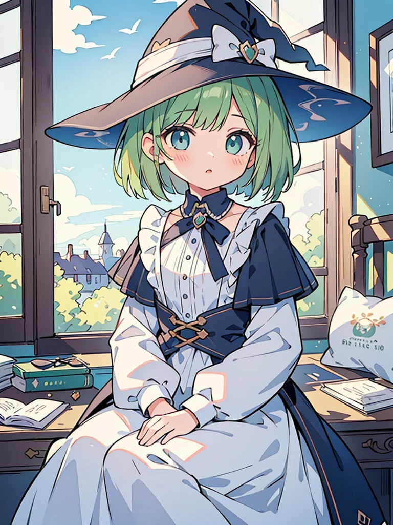masterpiece, beautiful illustrations, highest quality, pretty girl, 1girl, Bedroom, pastel colour, Witch's outfit, (Spring Green bob cut), bright lighting, sky-blue eyes