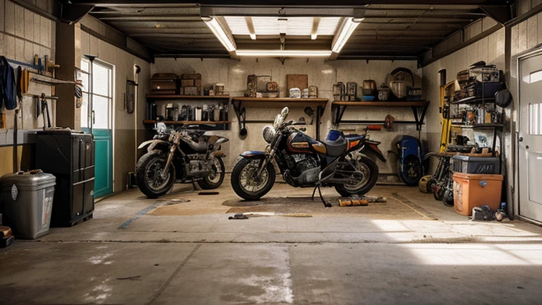 Generate a 2D garage scene for a motorcycle management game. The scene should have dimensions of 1280x720 pixels. The background should resemble an empty garage with visible walls, a floor, and a ceiling. Add various elements typical of a garage, such as workbenches, tool cabinets, shelves, and spare tires. Include decorative details like posters of motorcycles on the walls and toolboxes scattered around. Consider incorporating lighting effects to enhance the atmosphere, such as overhead lights or spotlights. Ensure that the layout of the elements creates a realistic and visually appealing garage environment suitable for the game