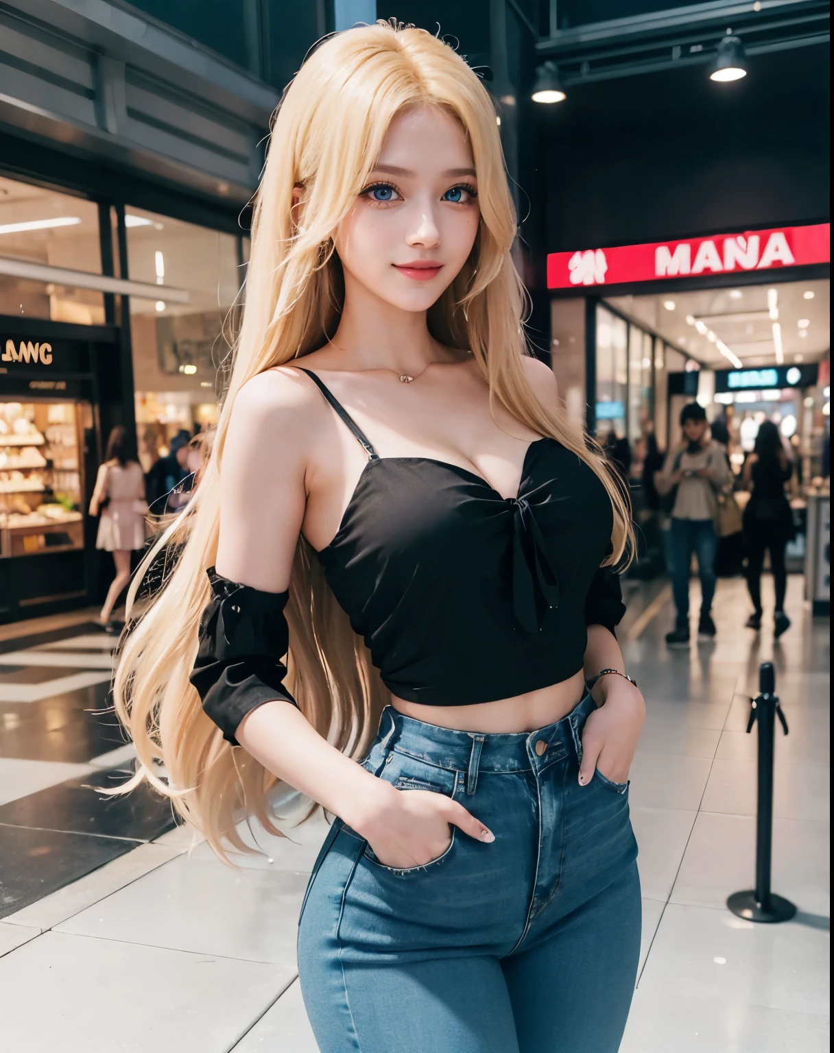 1girl, (Blue Eyes), (smiling :1.2), (Sana Minatozaki), (beautiful makeup :1.2), wide hips, Big tits, big ass, (long eyelashes :1.2), (Best Quality, 8k, Masterpiece: 1.3), Clear Focus: 1.2, Perfect Body Beauty: 1.4, strong abs, Highly detailed face and skin texture, detailed eyes, double eyelids, (blond long straight hair :1.3), cleavage, (black blouse  :1.2), (jeans), standing, dynamic pose, in a shopping center, shops in the background