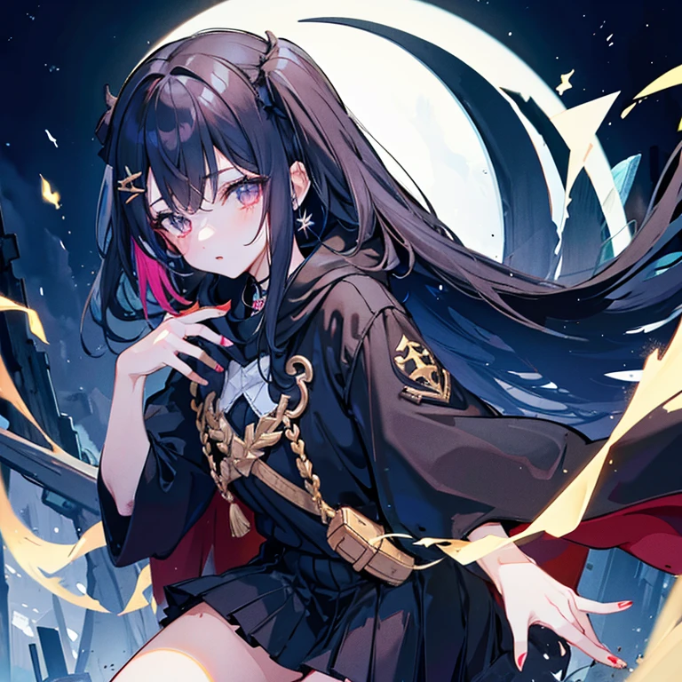 Joven mujer de cabello negro, vampiro, piel palida, ojos rojos, vestido victoriano color violeta, caminando en el bosque, de noche, con una mirada fria