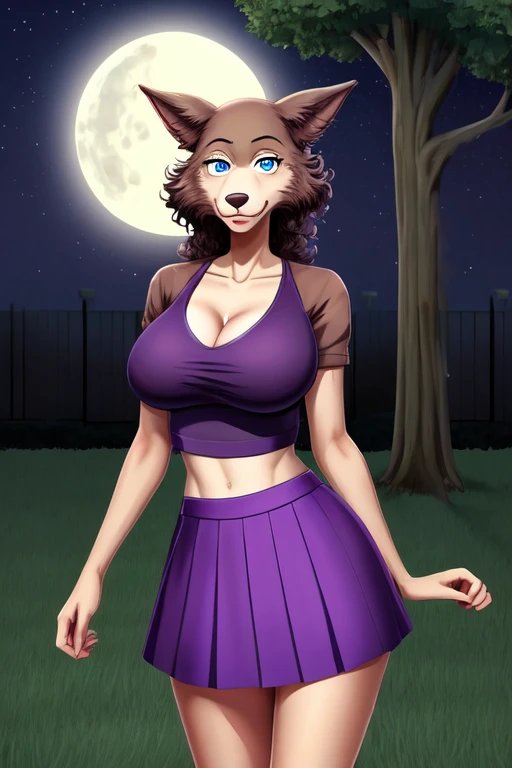 Beastars art style, beastars, Juno, brown wolf, she Wolf, 1girl, furry, long curly brown fur, slim figure, blue eyes, wide hips, Big breasts, purple skirt, pink bikini top, cleavage, night time, woods