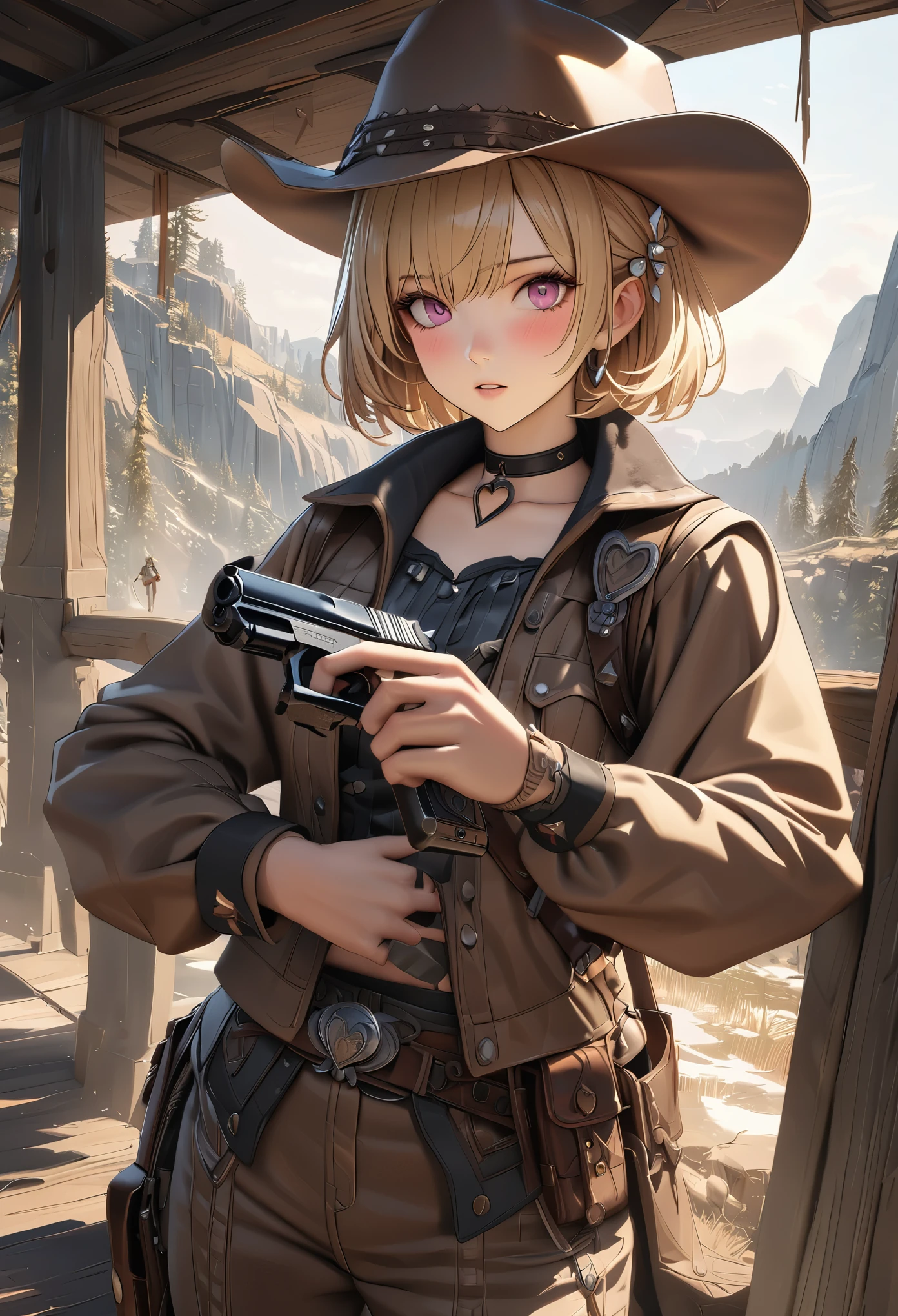 masterpiece,highest quality, Super detailed, High resolution, expensive resolution, HDR, 4k, 8K, unity 8k wallpaper, Super detailed CG, masterpiece, realistic, 2D, 3D, beautiful details, depth, fine texture , super fine: 1.3, Fully focused, Crispy.skin, .he,
Very cute anime girl 、Desolate wilderness、cowboy styleの衣装、cowboy hat、cowboy boots、hand gun、mexican wilderness、duel、hand gunを持って立っている、blonde short hair wearing expensive , one girl、alone, blonde short hair, cowboy style、cowboy hat、hand gun、duel、cowboy bootole under the eye, looking at the viewer , expensive , blush, mole, parted lips, hair ornaments, heart, pink eyes, choker