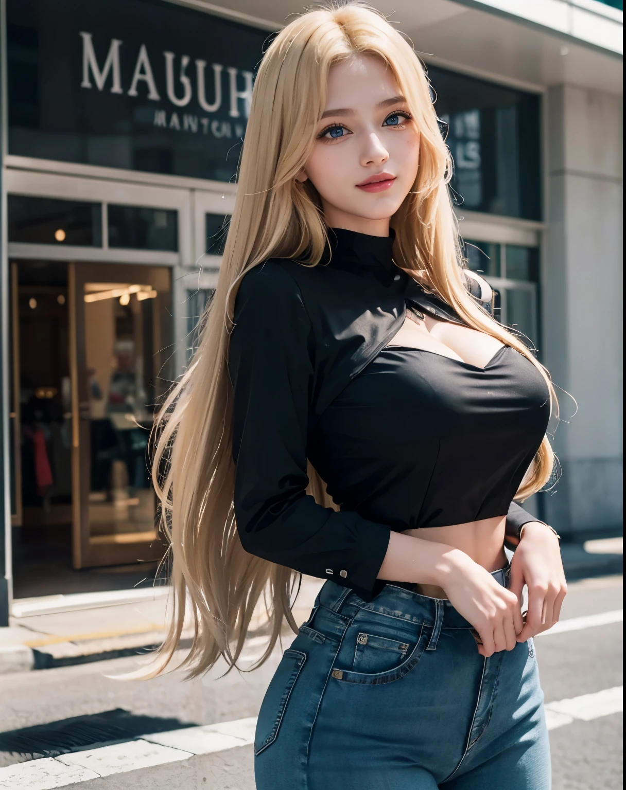 1girl, (Blue Eyes), (smiling :1.2), (Sana Minatozaki), (beautiful makeup :1.2), wide hips, Big tits, big ass, (long eyelashes :1.2), (Best Quality, 8k, Masterpiece: 1.3), Clear Focus: 1.2, Perfect Body Beauty: 1.4, strong abs, Highly detailed face and skin texture, detailed eyes, double eyelids, (blond long straight hair :1.3), cleavage, (black blouse  :1.2), (jeans), standing, dynamic pose, in a shopping center, shops in the background