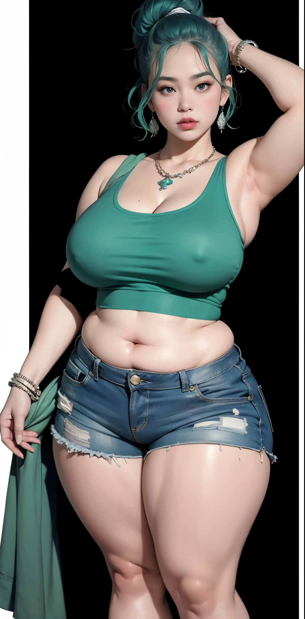 photorealistic, high resolution, soft light,1women, solo, wide hips, (detailed face),tattoo, jewelry, , , blue and green hair Color , (closeup), wide angle,, (busty), armpit , Slightly fat belly, large breasts, full body angle, 80 years old woman , thick thighs , thick arms , standing in dark rooms, short pants, wearing a three bracelet, wearing two diamond necklace , wearing a watch, wearing airmax shoes , japanese goddess, wavyshort hairstyle, fat belly, thick fat belly, thick wide hips, thick arm, bbwchan, massive arm, full body,