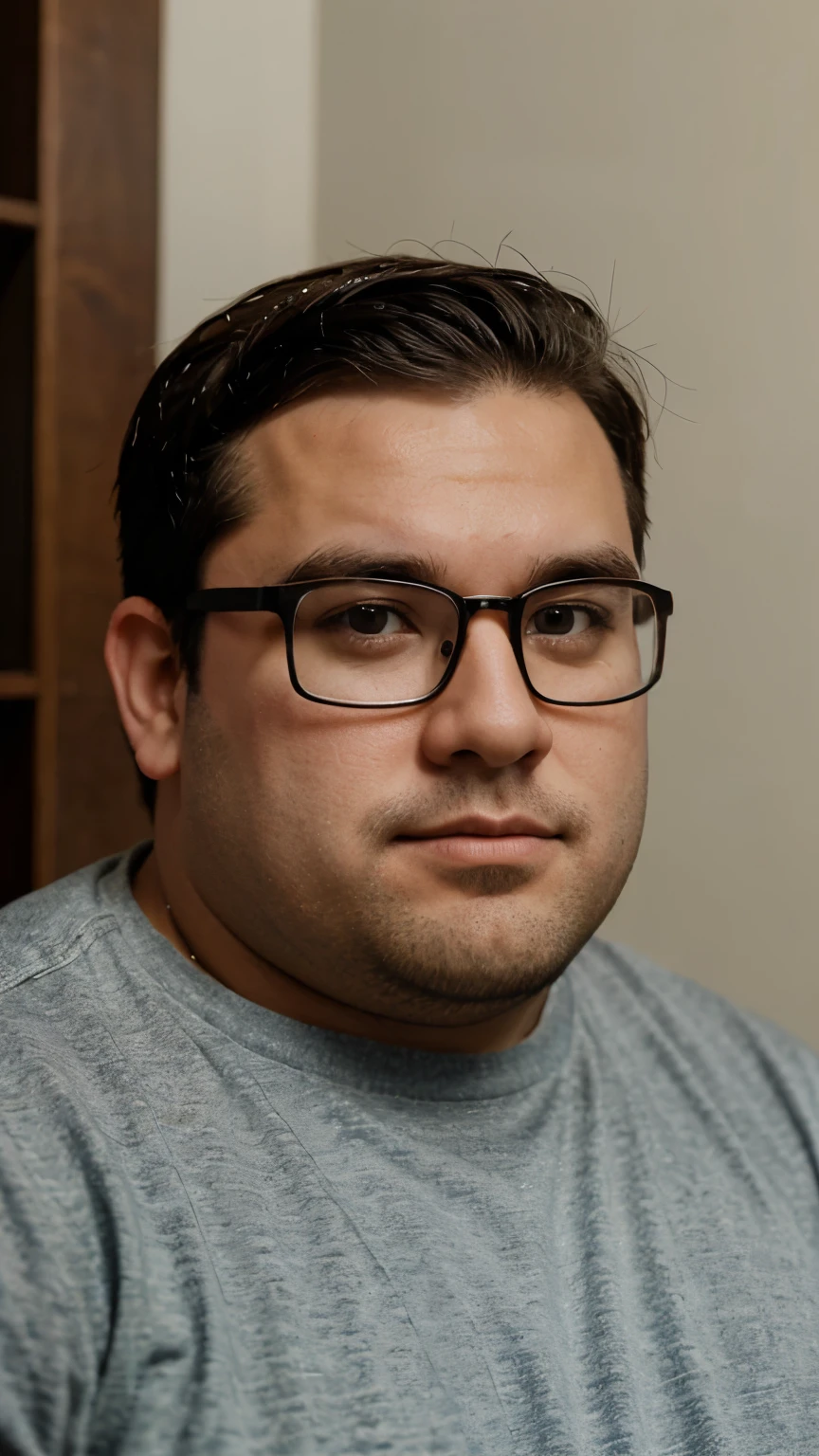 Fat guy, square face, big nose, small eyes, small glasses, square glasses, small hair, no beard
