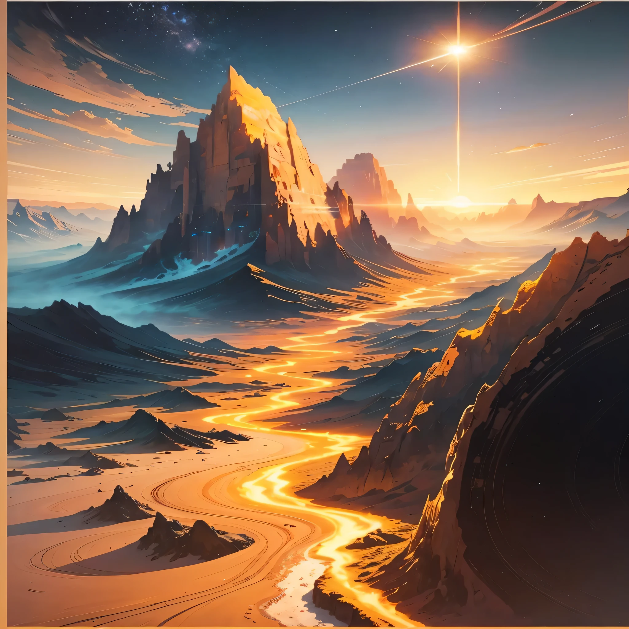 A landscape painting with a stream, 4k highly detailed digital art, 8K Stunning Artwork, The most epic scenery, Beeple and Tim Hildebrandt, Epic fantasy science fiction illustration, Impressive fantasy scenery, andreas rocha style, 4k detailed digital art, Jessica Rossier Color Scheme, Bipper and Jean Giraud, Bastien Grevi