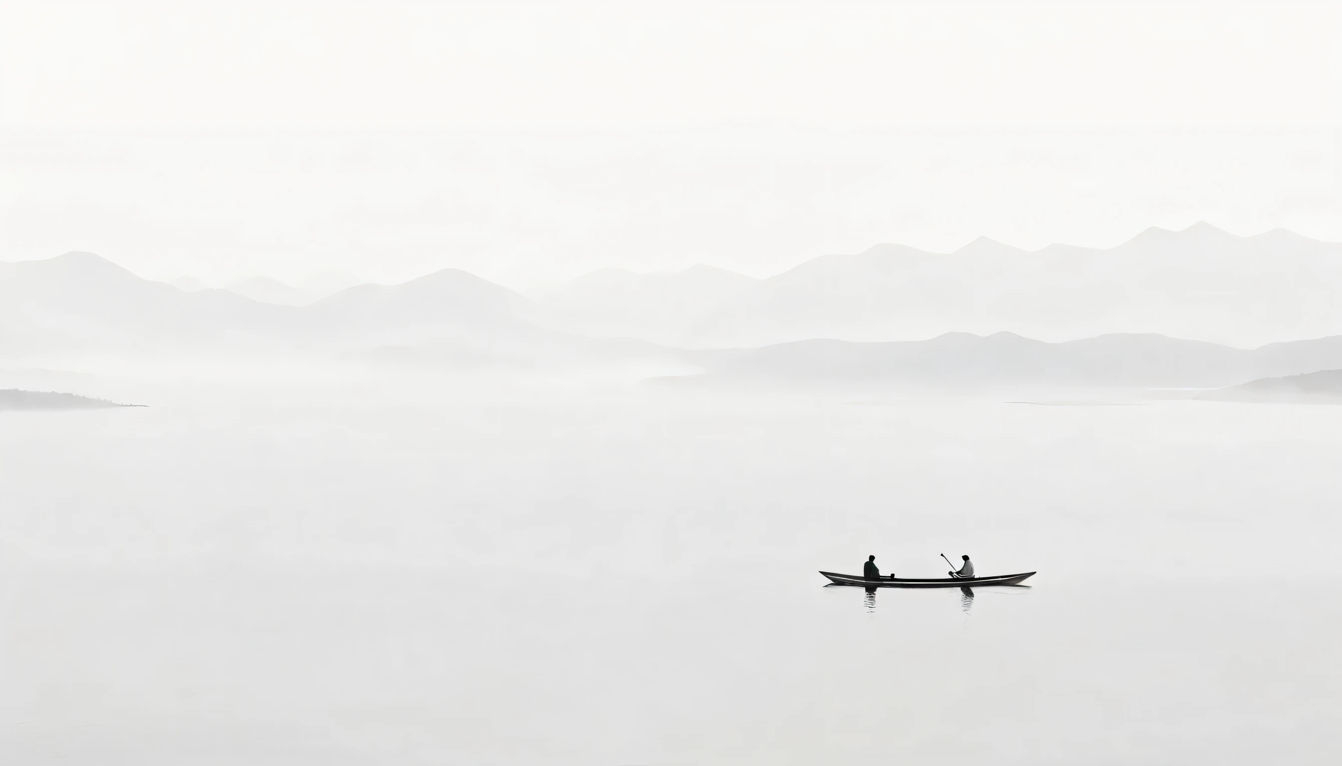 (a man:1.1) in a boat (on the lake), (background:1.1) with mountains, (on a calm/serene lake/quiet lake) with (minimalistic/minimalist) composition, (minimalist photography/photograph:1.1), tranquility, simple yet effective composition, minimalistic/fewest possible elements, in a (serene/peaceful) landscape (floating in the mist/fog), extremely (minimalistic/simple), serene/ peaceful scenery, minimalistic background, astonishingly simple composition, tranquility, minimalist art, minimalist wallpaper