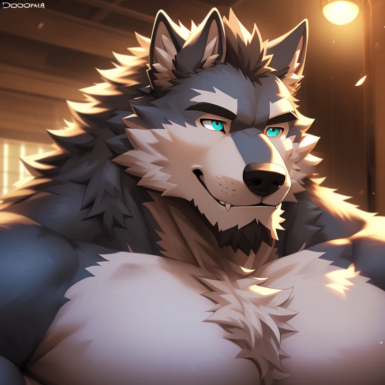 (solo, male:1.1, canine, wolf:1.1, werewolf, muscular, large muscles, large pectorals, mature male, older, facial hair, beard, happy, sweet, tender expression, grey fur, teal eyes:1.1, body hair, full-body:1.1, by doooo2424, by doooo, by Kusunagi), (best quality:1.2, 4k, 8k, highres, masterpiece:1.2), ultra-detailed, (realistic:1.37, photorealistic:1.37), HDR, UHD, studio lighting, ultra-fine painting, sharp focus, physically-based rendering, extreme detail description, professional, vivid colors, wolf-human hybrid, strength, power