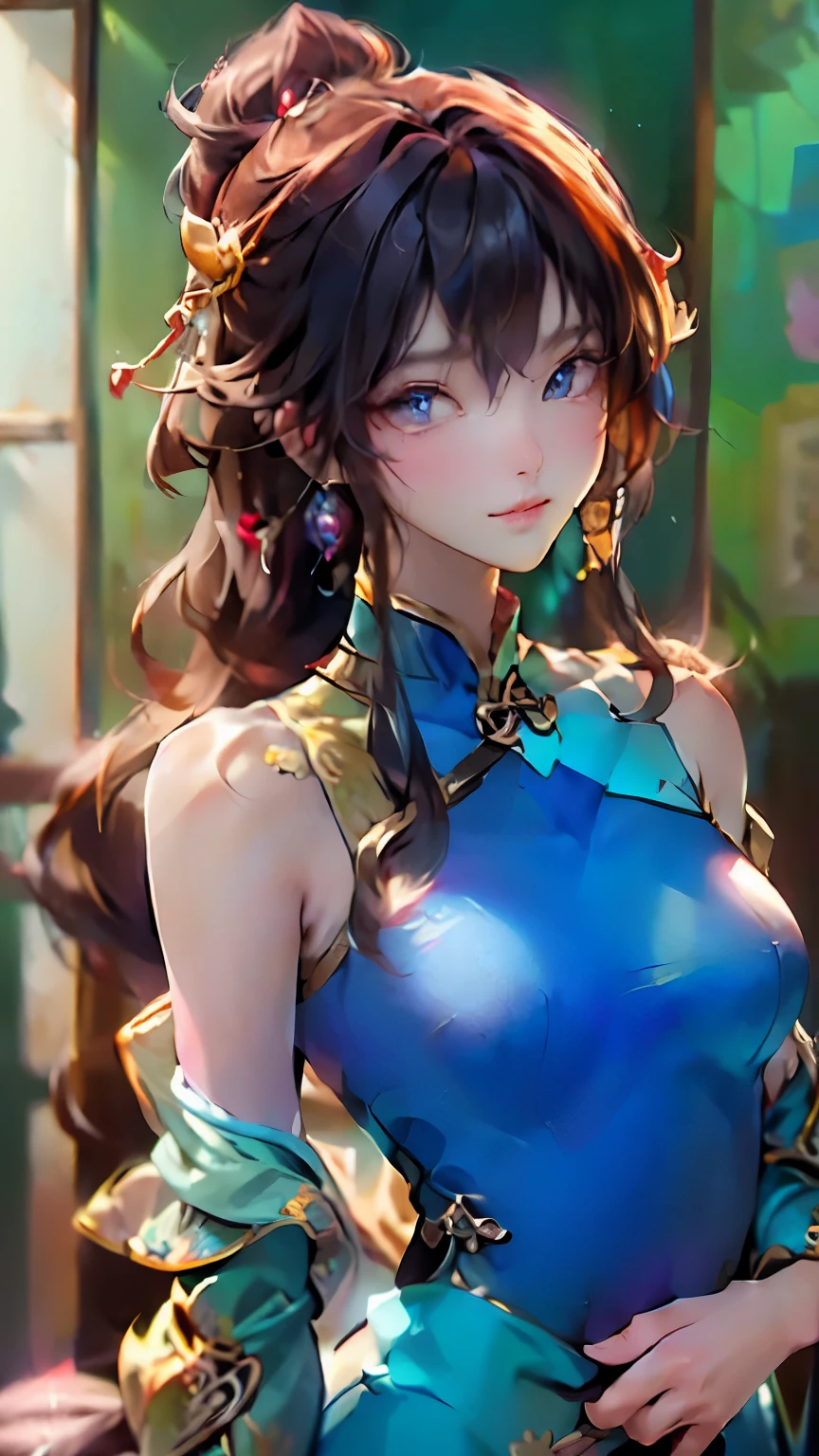 (masterpiece), (best quality), (ultra detailed),(illustration), (1girl), ((small breast:1.5)),(Wearing a Unique Aodai ), Fashion model, looking at viewer, (interview), (simple background),beautiful detailed eyes, delicate beautiful face,(high saturation),(colorful splashes),colorful bubble,(shining), focus on face, (( Jet hair)), bangs ,(( shoulder lenght hairs:1.5 )).Girl, anime waifu,((small breast:1.5)), highlydetailed, reflections transparent iridescent colors, long transparent iridescent RGB hair, artby Serafleur from artstation, thick acrylic,illustration on pixiv, waist up portrait, gorgeoussacred girl, best quality, ultra detailed,sad,clever,beautiful face , beautiful lighton black background, Character stvle renderedby Octane,cute emotion, cute smile,((Egyptian Blue unique Aodai)),(( Violet ao dai outfit patterns))