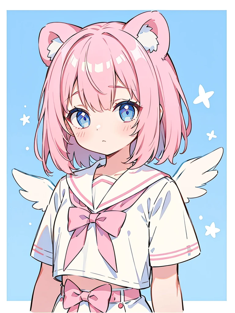 ski style, 1 girl, alone, pink hair, animal ears, blue eyes, wing, looking at the viewer, bangs, short hair, bow, sailor collar, white sailor collar, hair bow, pink bow, closed mouth, shirt, white shirt, bear ears, bob cut, mini wing, portrait, detached wing, compensate, Upper body, background city