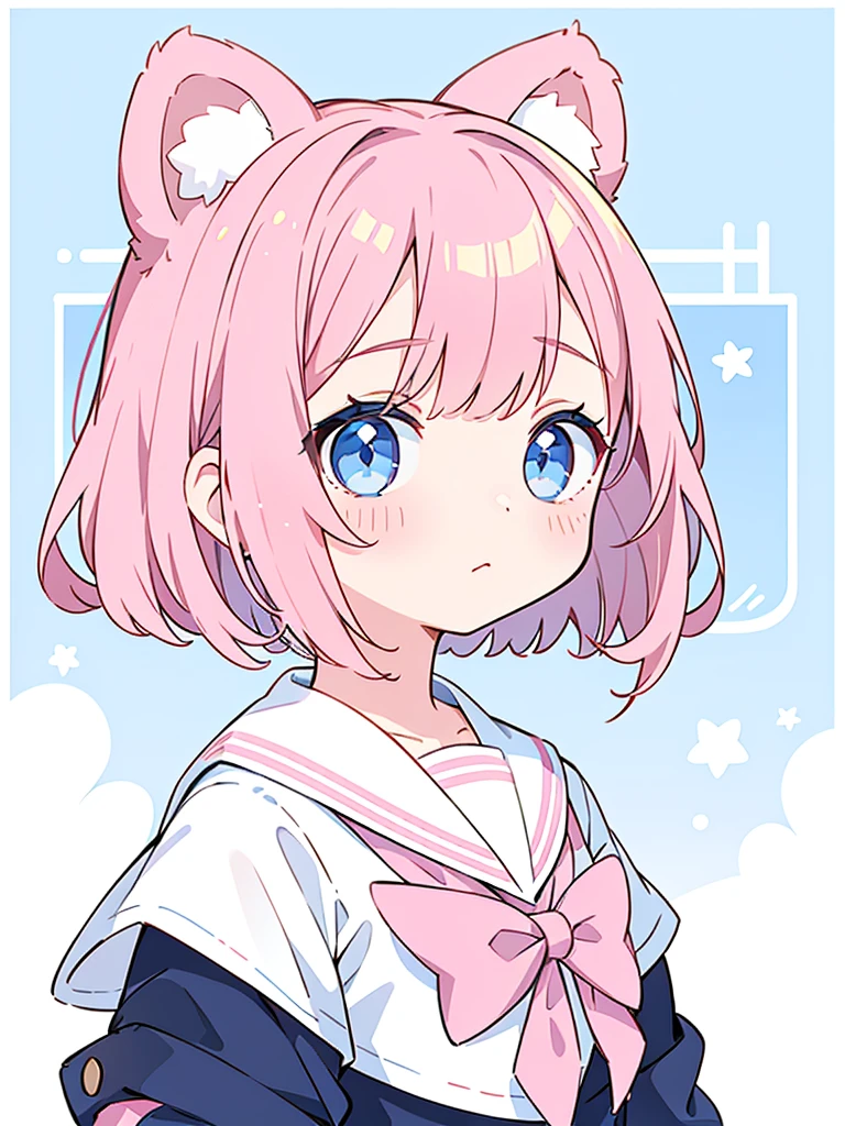 ski style, 1 girl, alone, pink hair, animal ears, blue eyes, wing, looking at the viewer, bangs, short hair, bow, sailor collar, white sailor collar, hair bow, pink bow, closed mouth, shirt, white shirt, bear ears, bob cut, mini wing, portrait, detached wing, compensate, Upper body, background city